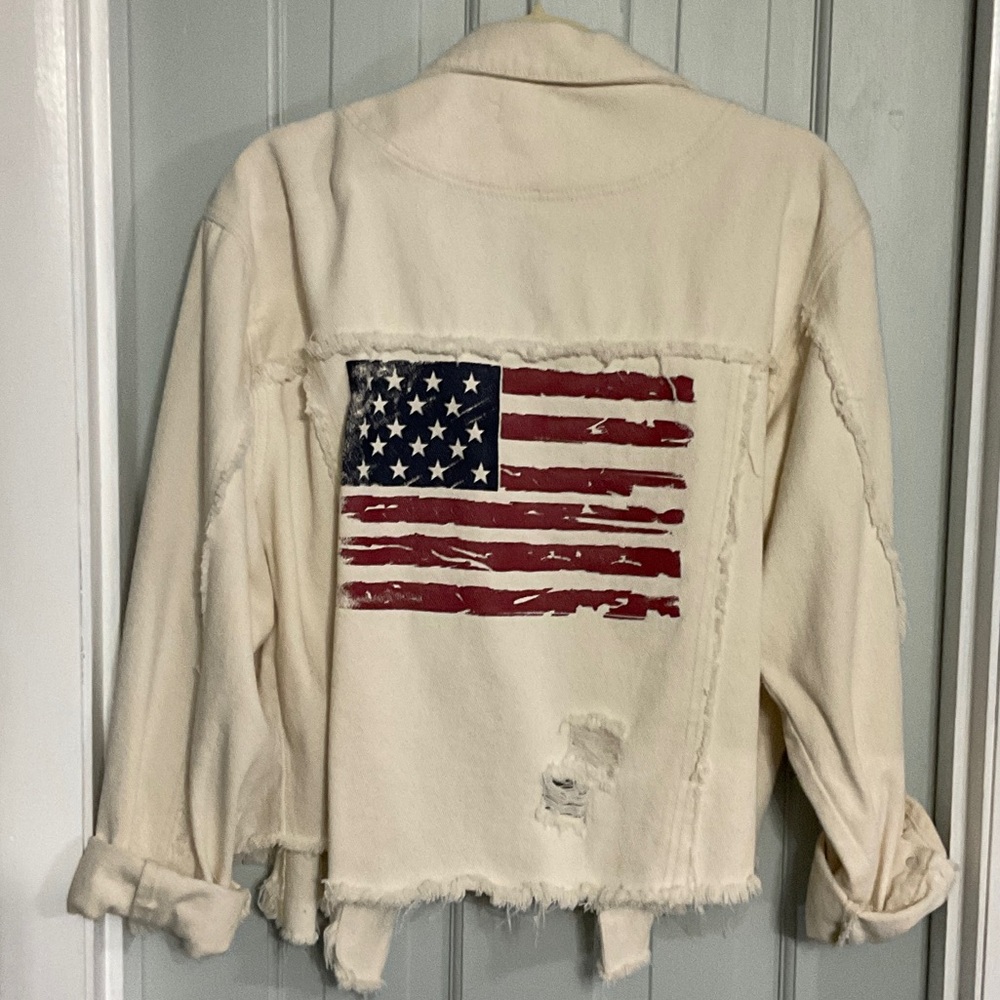 POL Off-White Distressed Jean Jacket